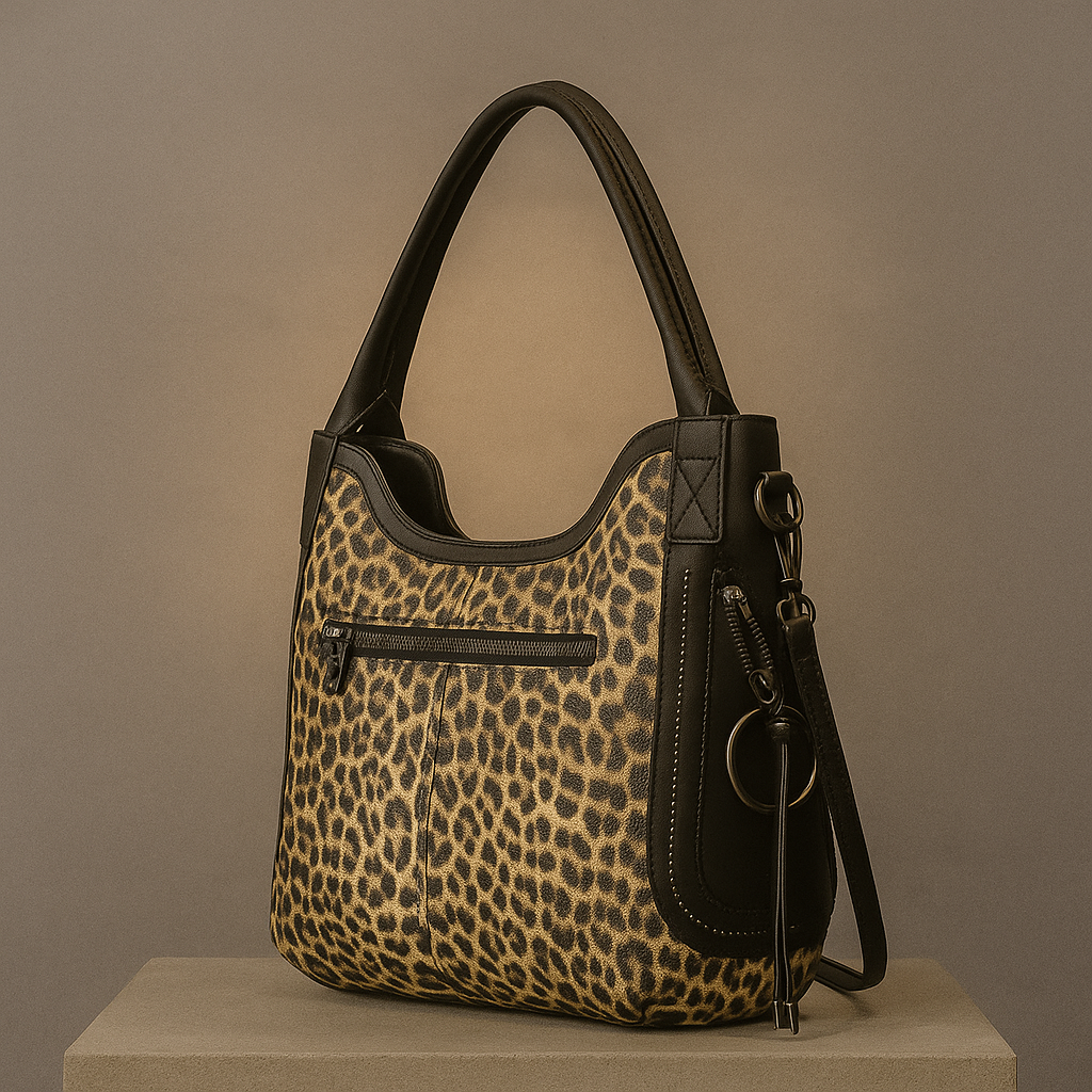 Leopard print handbag with black accents on a neutral background- valentino impex