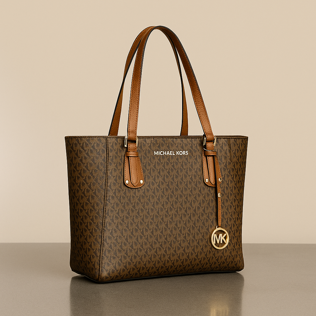 Brown tote bag with brown handles and strap on a beige background- valentino impex
