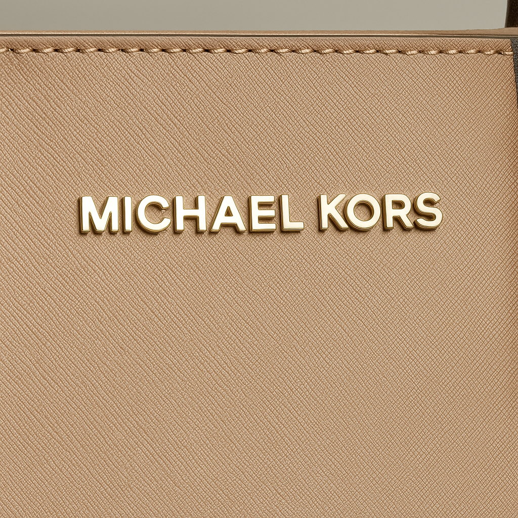 Close-up of a beige handbag with 'Michael Kors' logo.