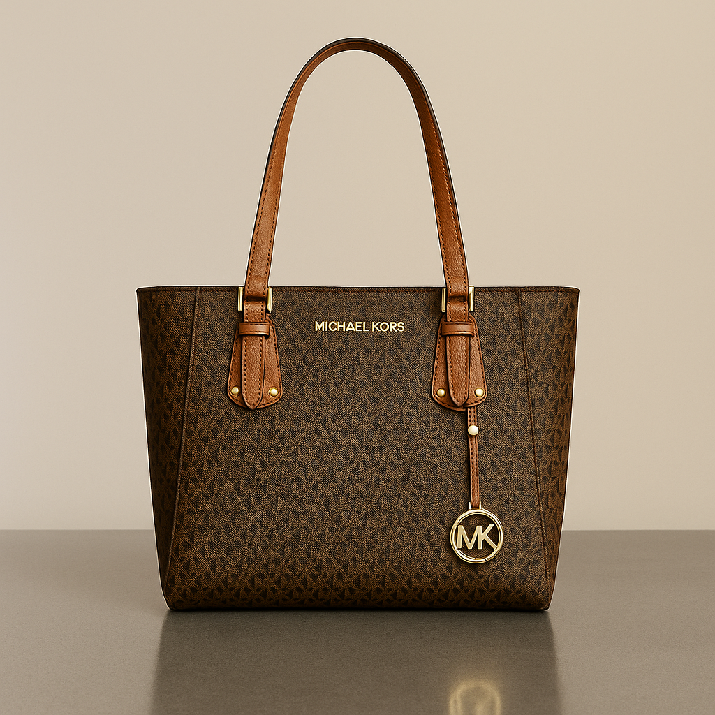 Brown handbag with gold accents and 'Michael Kors' logo on a beige background- valentino impex