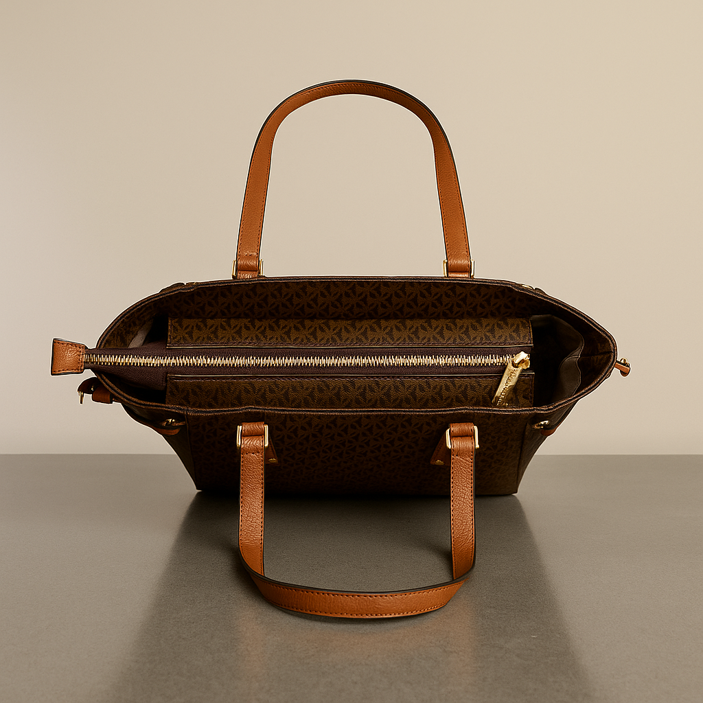 Brown leather handbag with gold zipper on a neutral background- Valentino impex