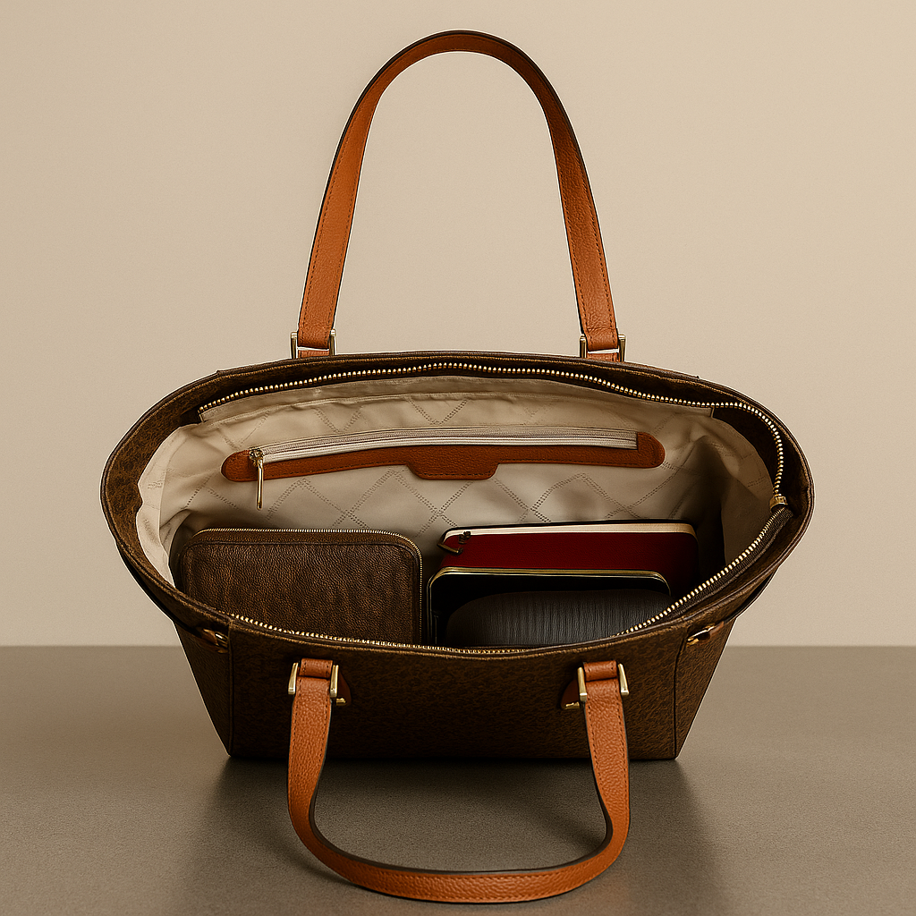 Brown leather handbag with interior details on a beige background- valentino impex