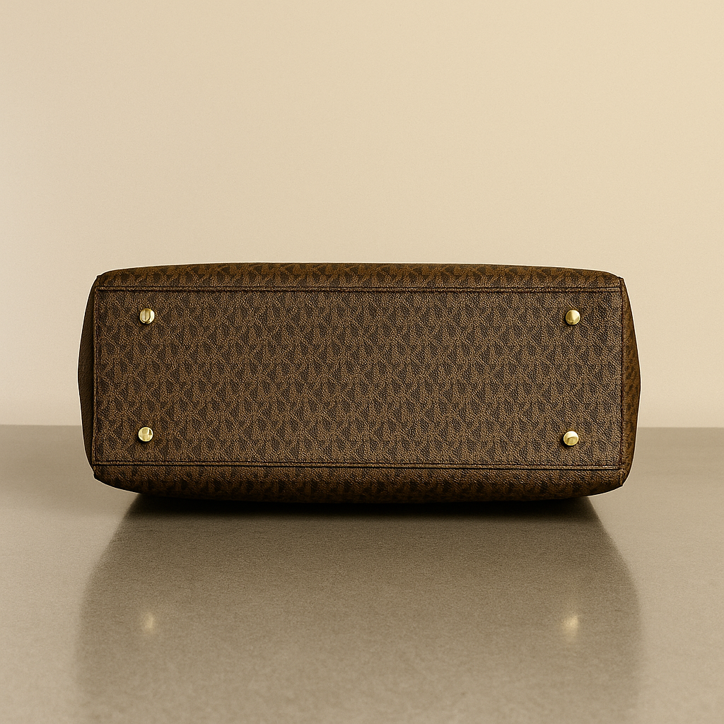 Brown patterned handbag with gold accents on a beige background- valentino impex