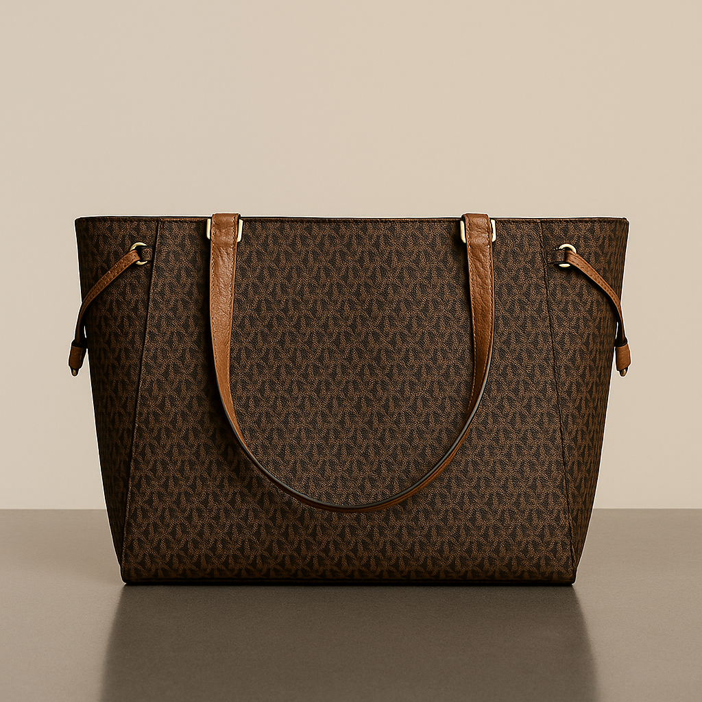 Brown patterned tote bag with leather handles on a beige background- valentino impex