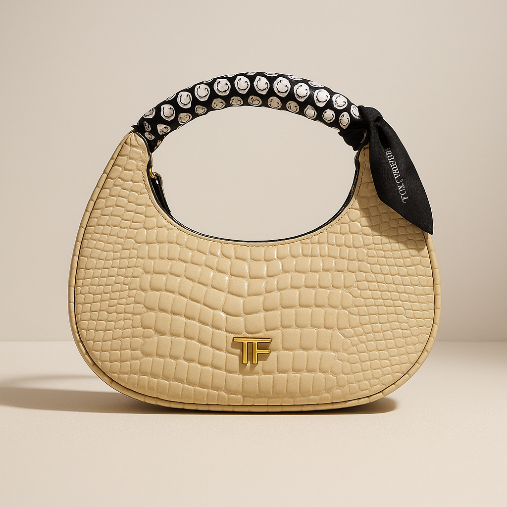 Beige handbag with studded handle and visible brand logo on a beige background