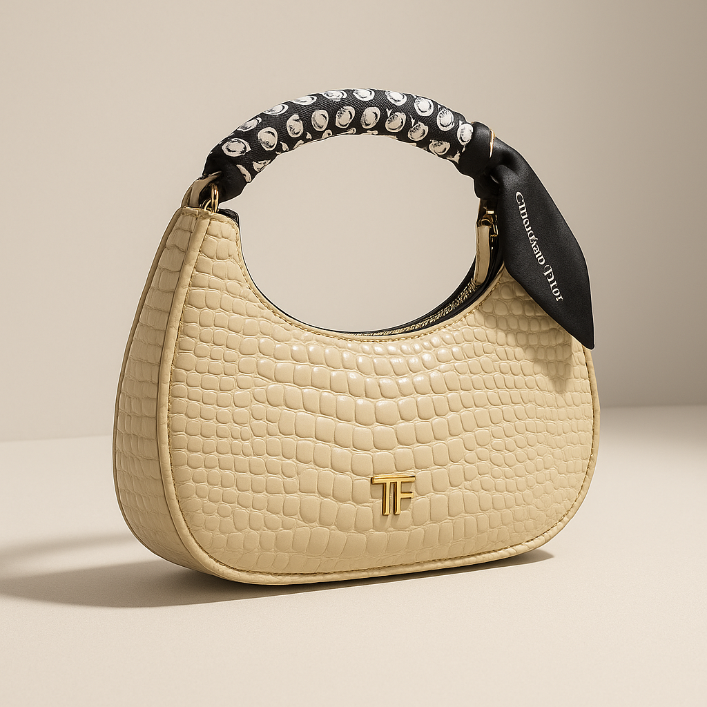 Beige handbag with a decorative strap on a beige background