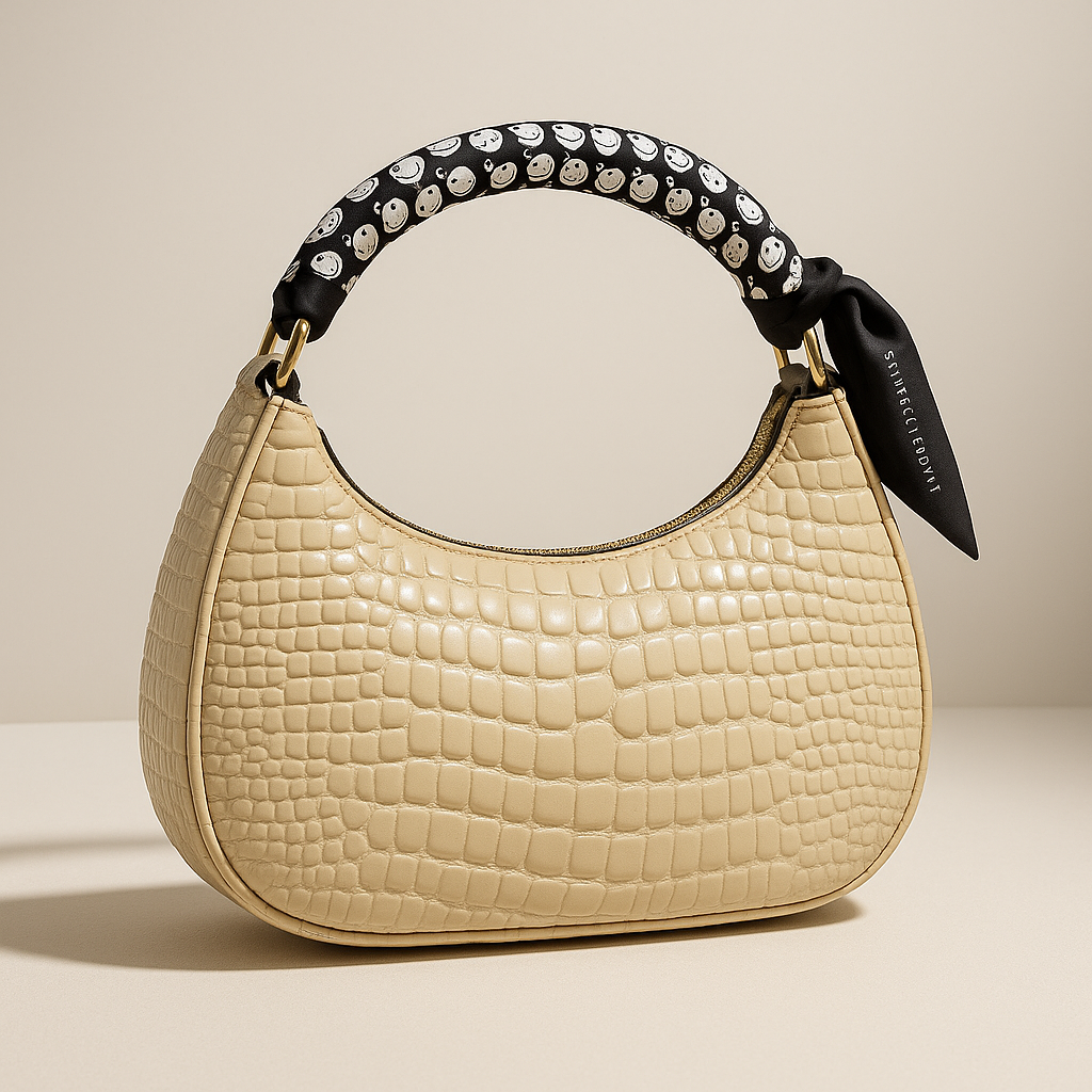 Beige handbag with a decorative handle on a beige background