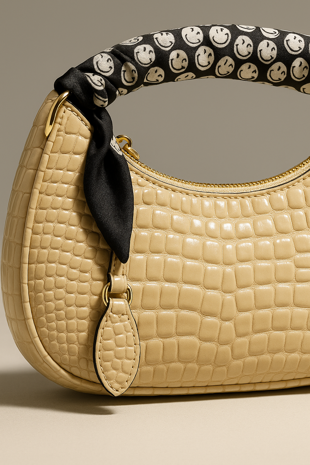 Beige textured handbag with a black handle and decorative bow on a beige background