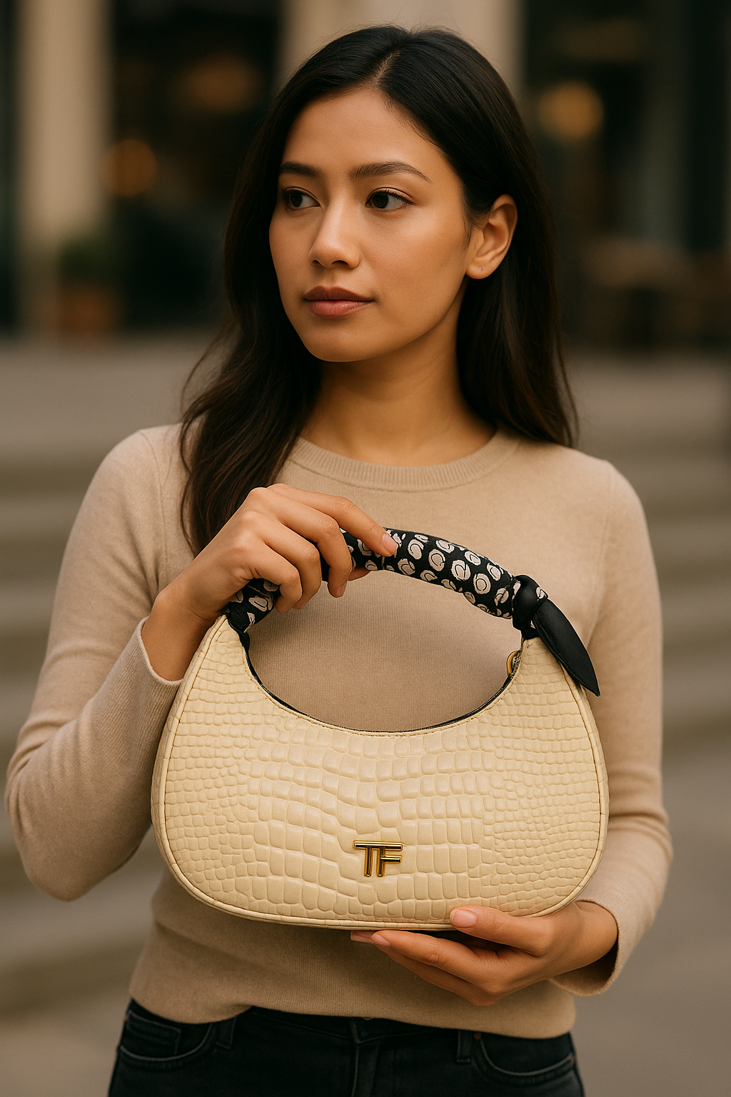 Woman holding a beige handbag with a brand logo, standing outdoors.