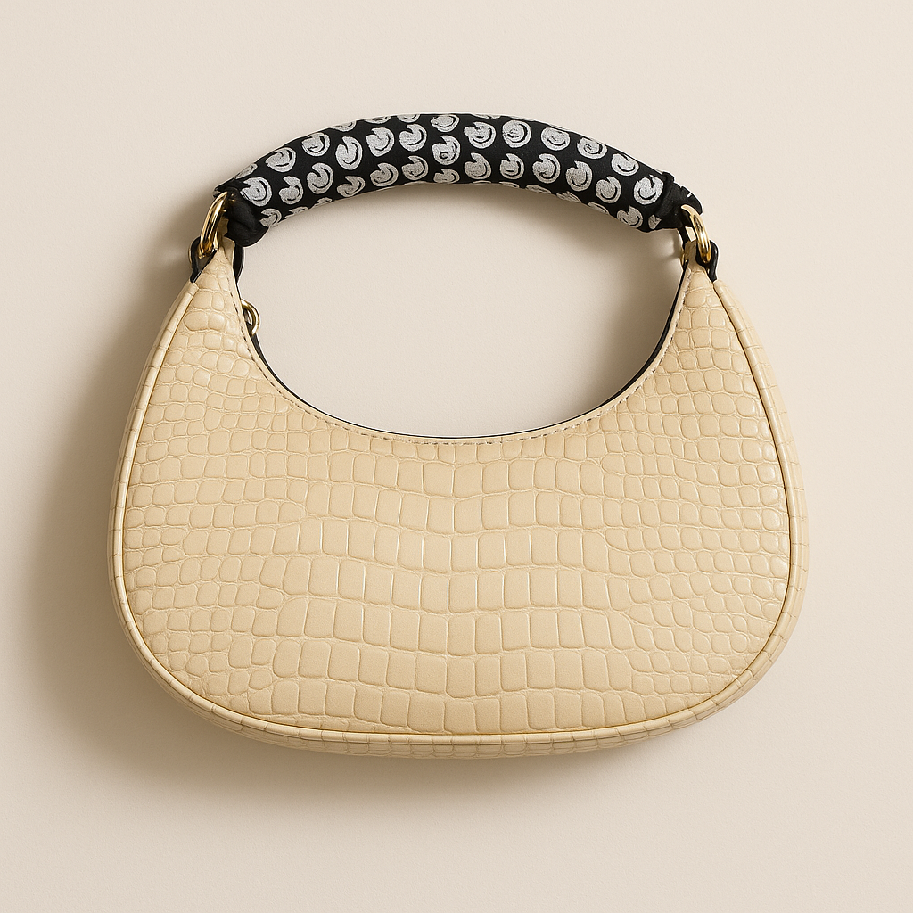 Beige handbag with a patterned handle on a beige background