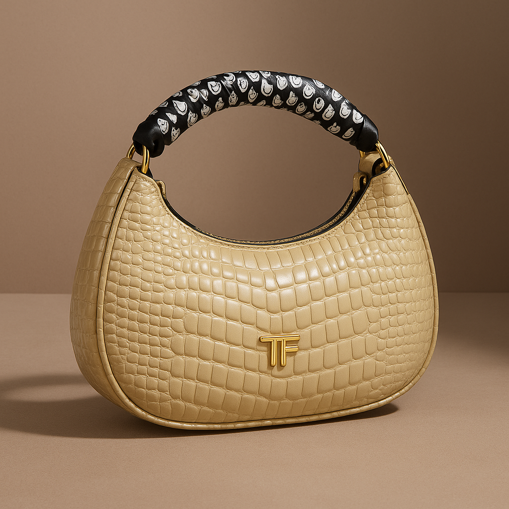 Beige handbag with black and white patterned handle on a brown background