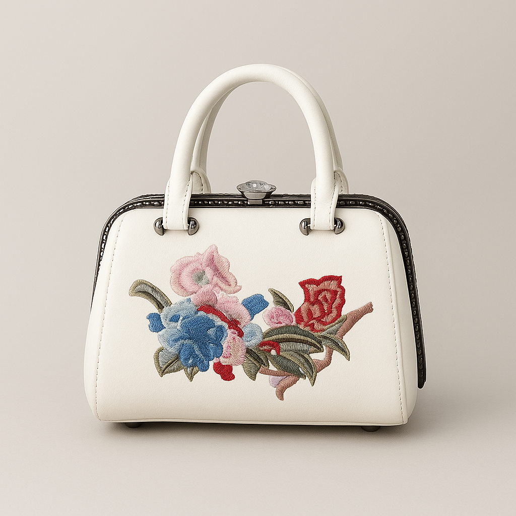 White handbag with floral embroidery on a beige background