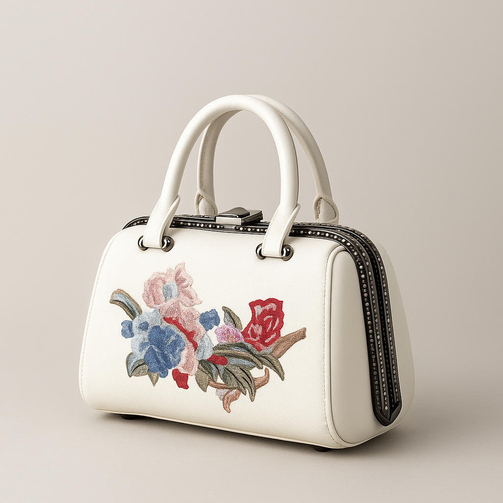 White handbag with floral embroidery on a beige background