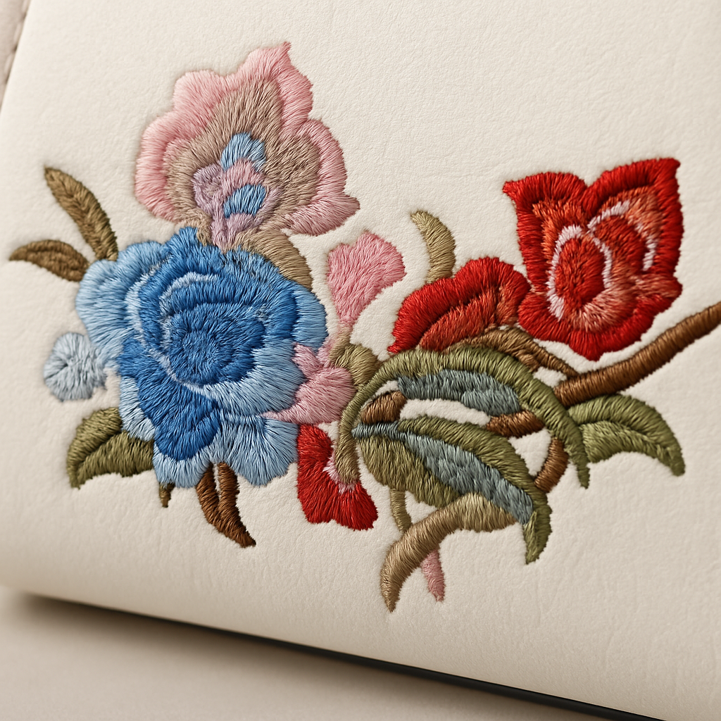 Close-up of embroidered flowers on a beige background