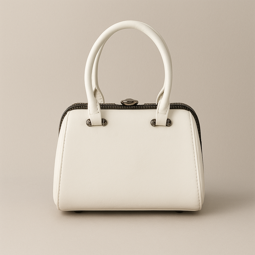 White handbag with black accents on a beige background