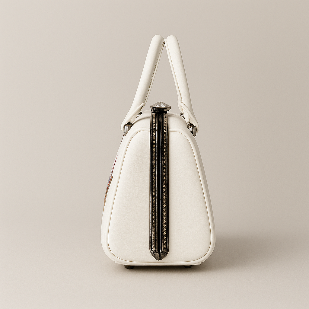 White handbag with black accents on a beige background