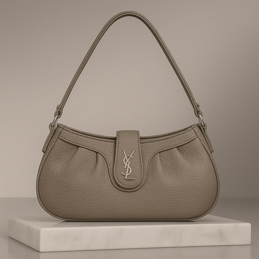 Beige handbag with a brand logo on a neutral background