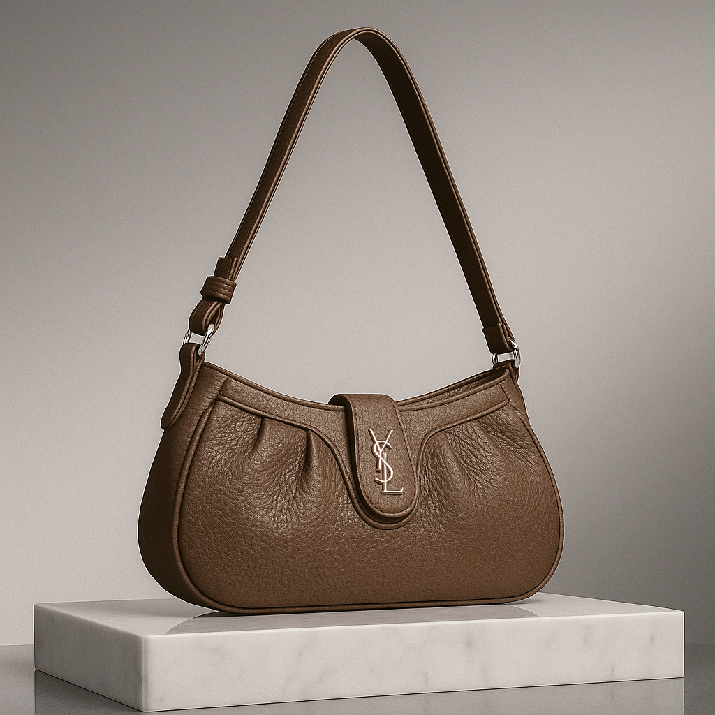 Brown leather handbag with a brand logo on a gray background
