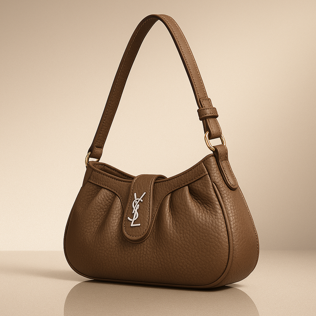 Brown handbag with a brand logo on a beige background