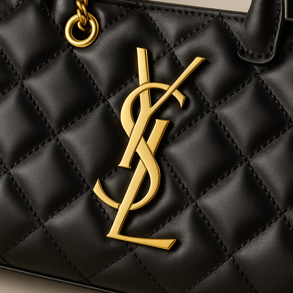 Close-up of gold YSL monogram on black quilted leather