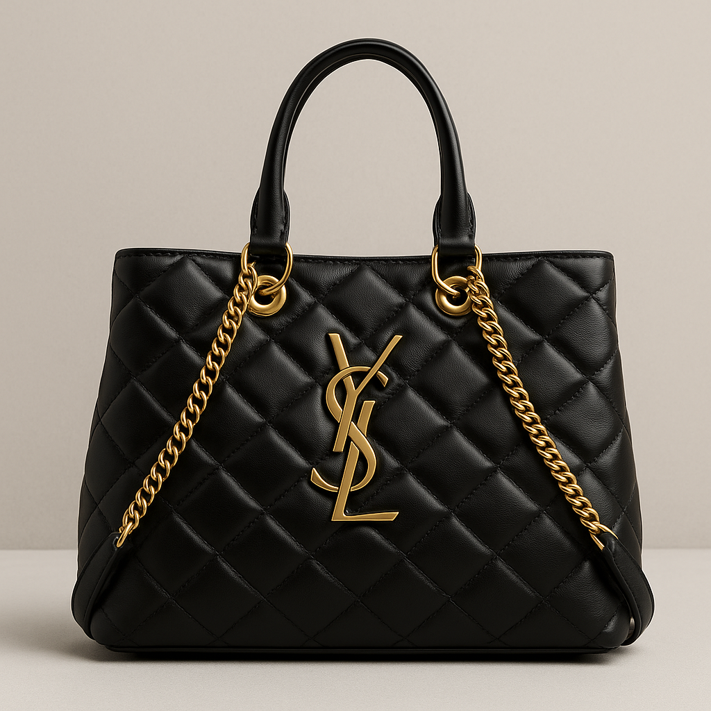 Front view of YSL black quilted tote with gold chain and logo