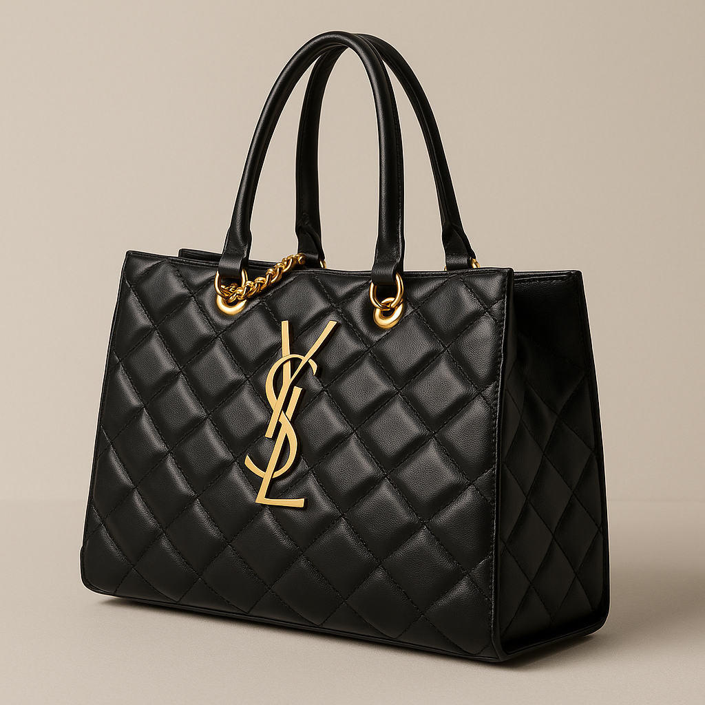 Side angle showing structure and quilted leather detail of the YSL tote