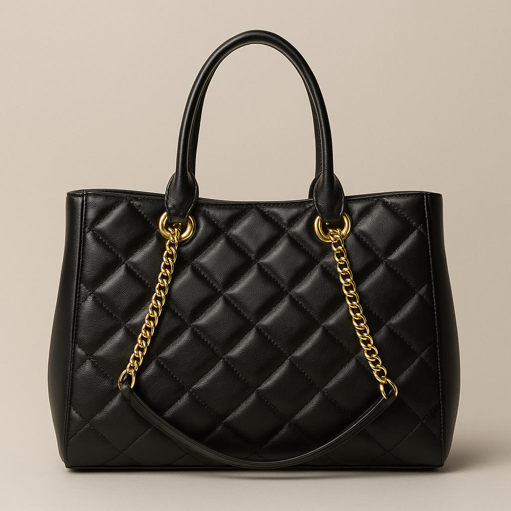 Black quilted handbag with gold chain detail on a beige background