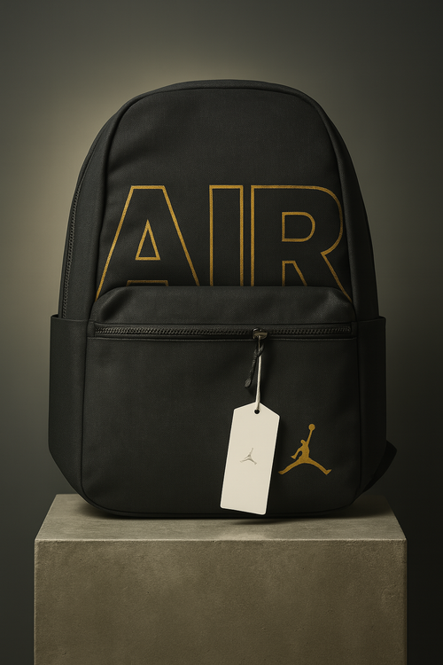 Front view of black AIR Jordan backpack with gold print