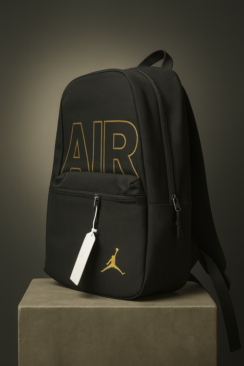 Side profile of sporty black canvas backpack