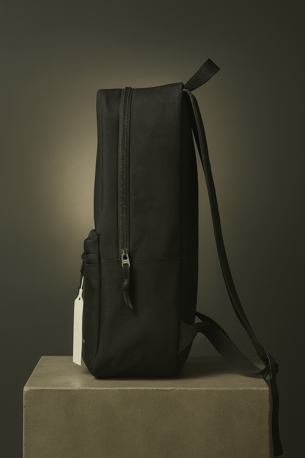 Black backpack on a gray pedestal against a dark background