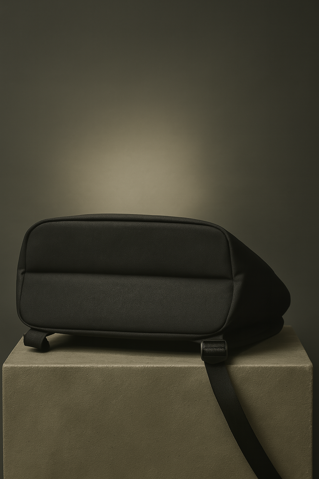 Black bag on a beige cube with a dark background