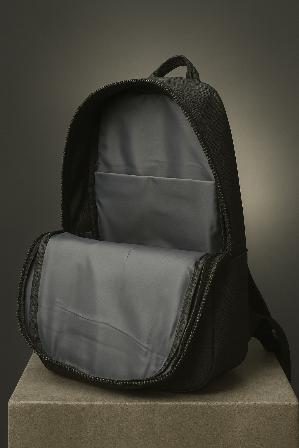 Black backpack with a gray interior on a neutral background