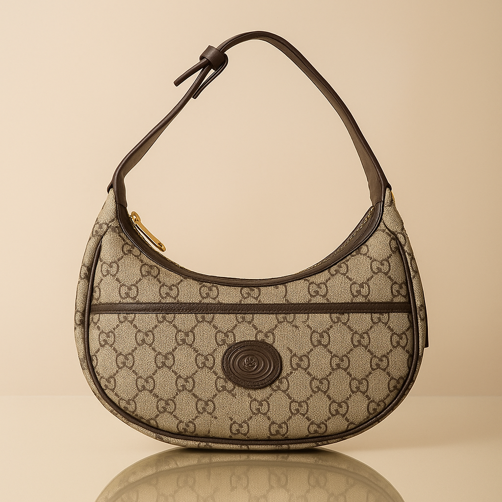 Designer handbag with a prominent brand logo on a beige background