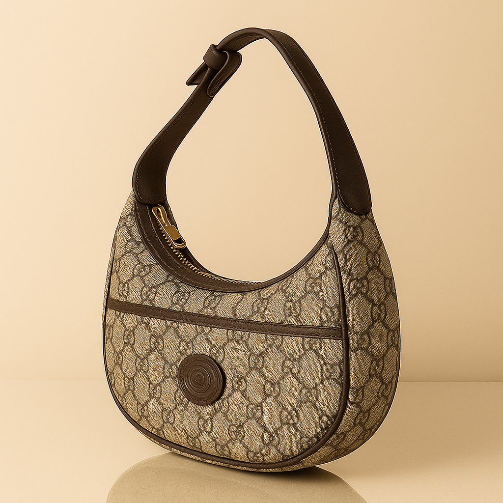 Designer handbag with a distinctive pattern on a beige background