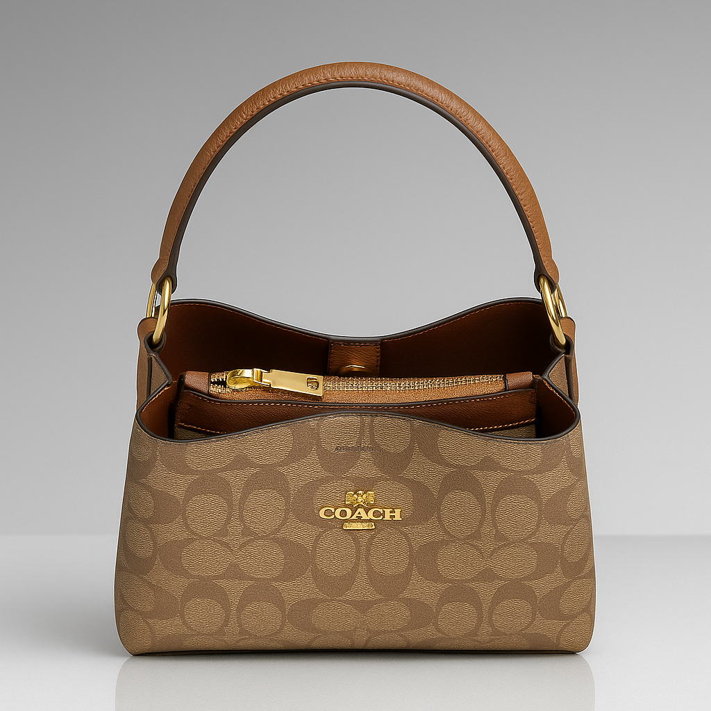 Brown Coach handbag with gold accents on a gray background- Valentino Impex