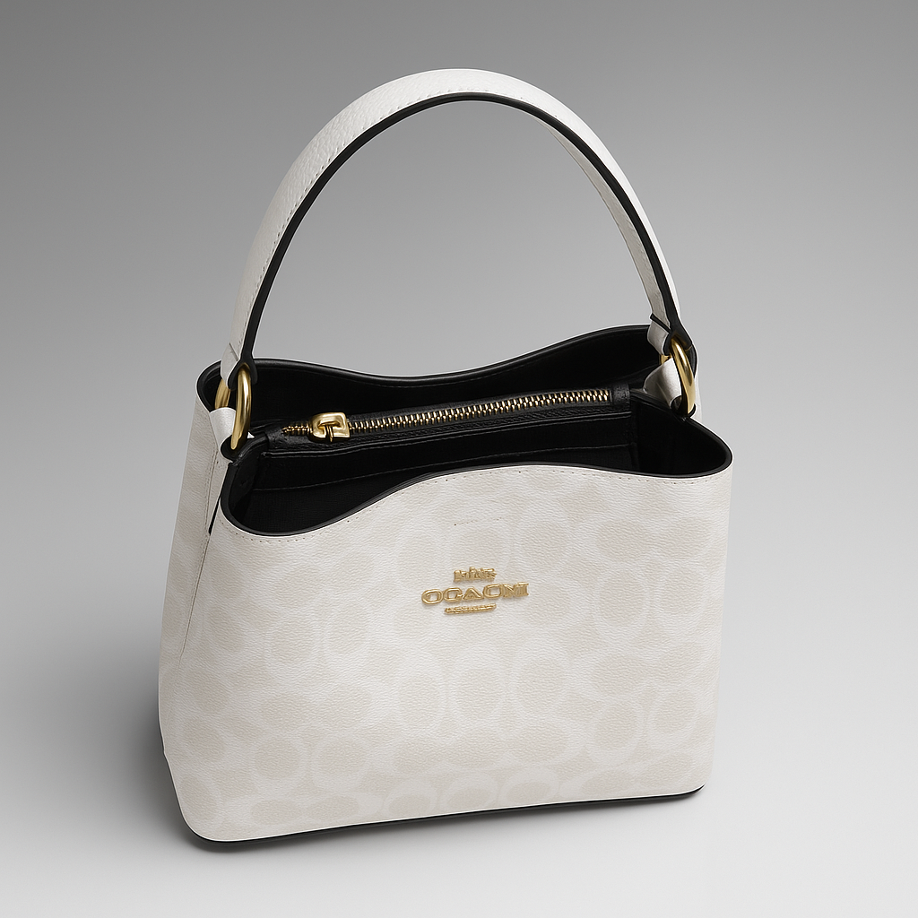 White handbag with black top section on a gray background- Valentino Impex