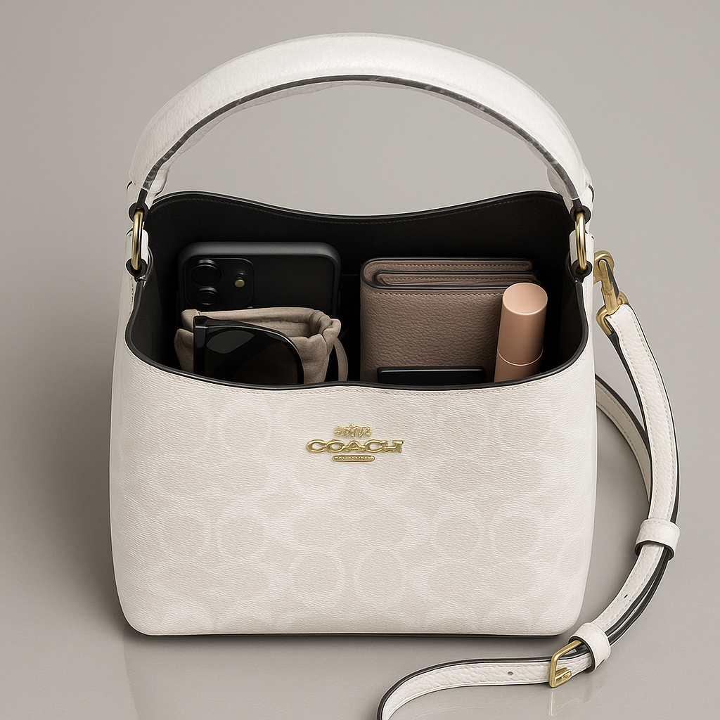 White Coach handbag with gold logo, containing phone, sunglasses, wallet, and other items on a light gray background- valentino Impex