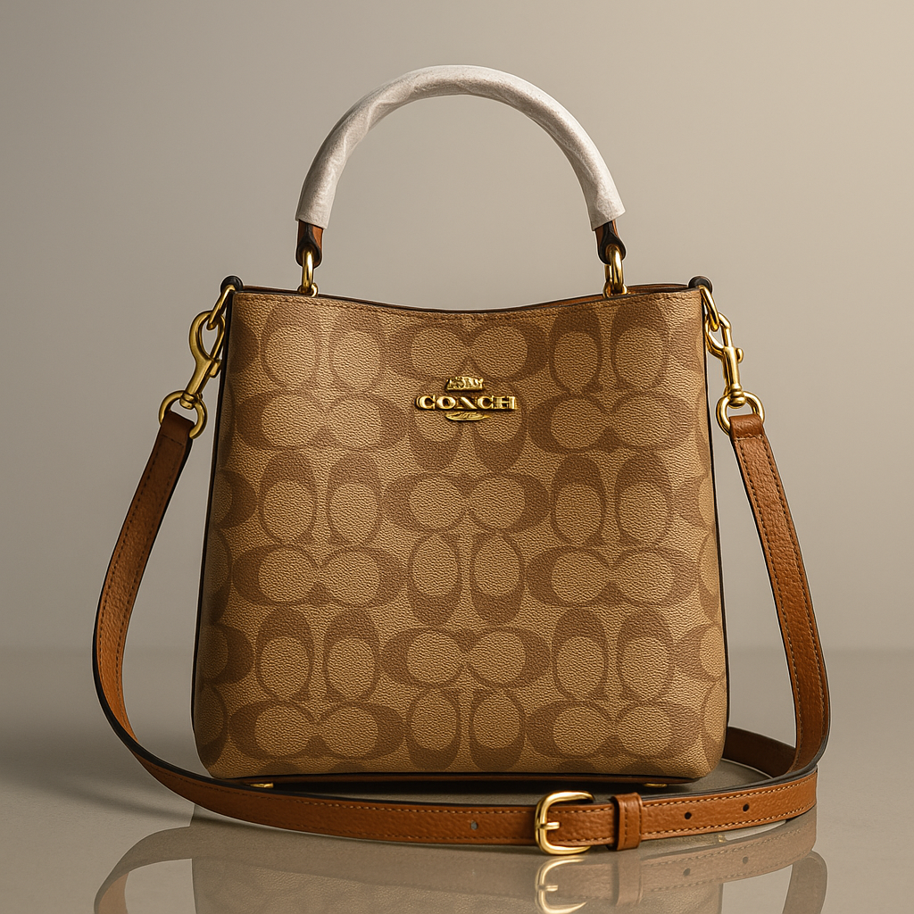 Coach handbag with brown leather strap on a beige background- Valentino Impex