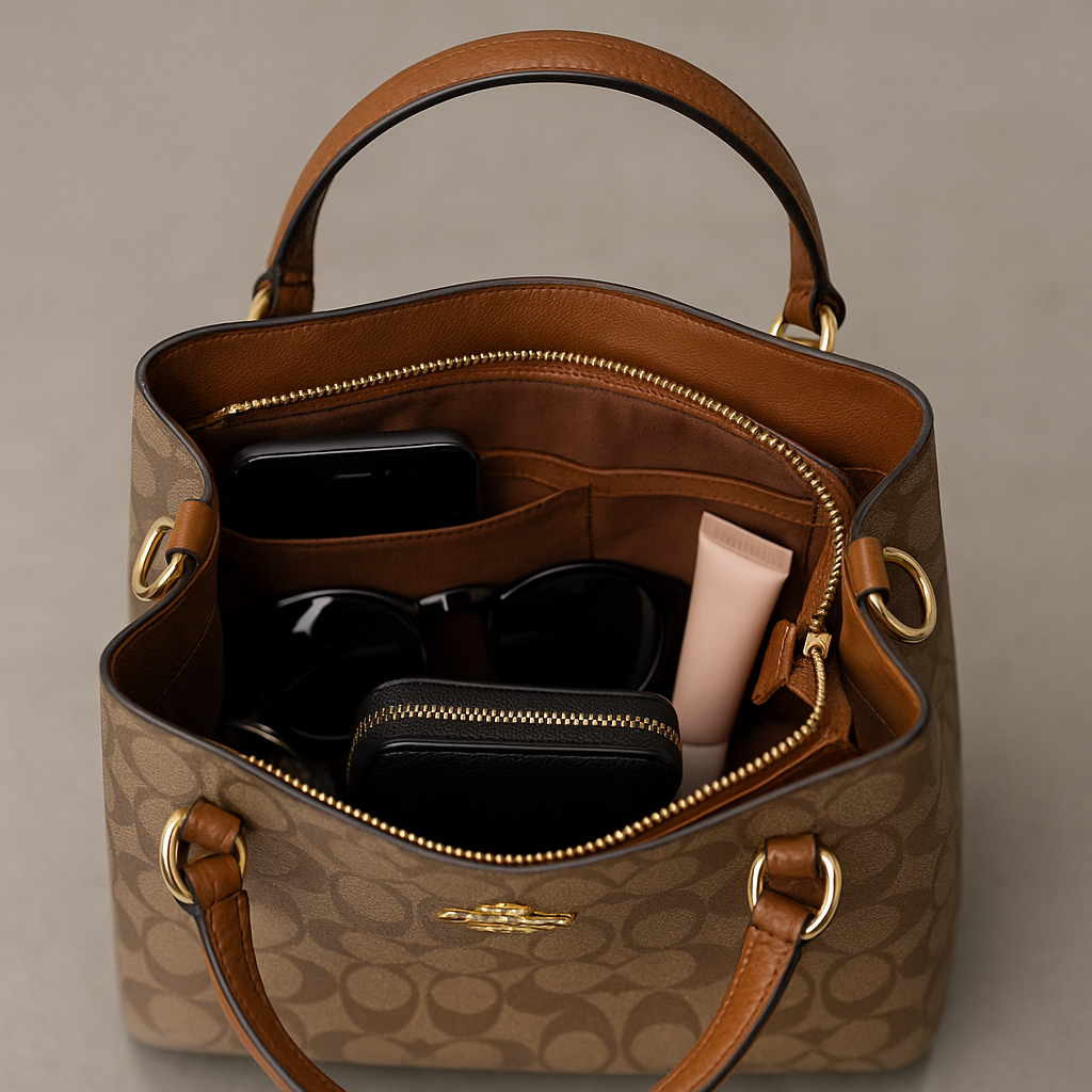 Open handbag with items including a phone, sunglasses, and a tube of cream on a neutral background- Valentino Impex