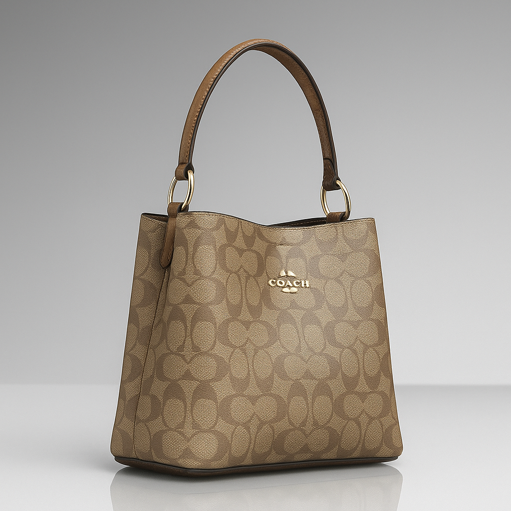 Beige handbag with brown handle on a light gray background- Valentino Impex
