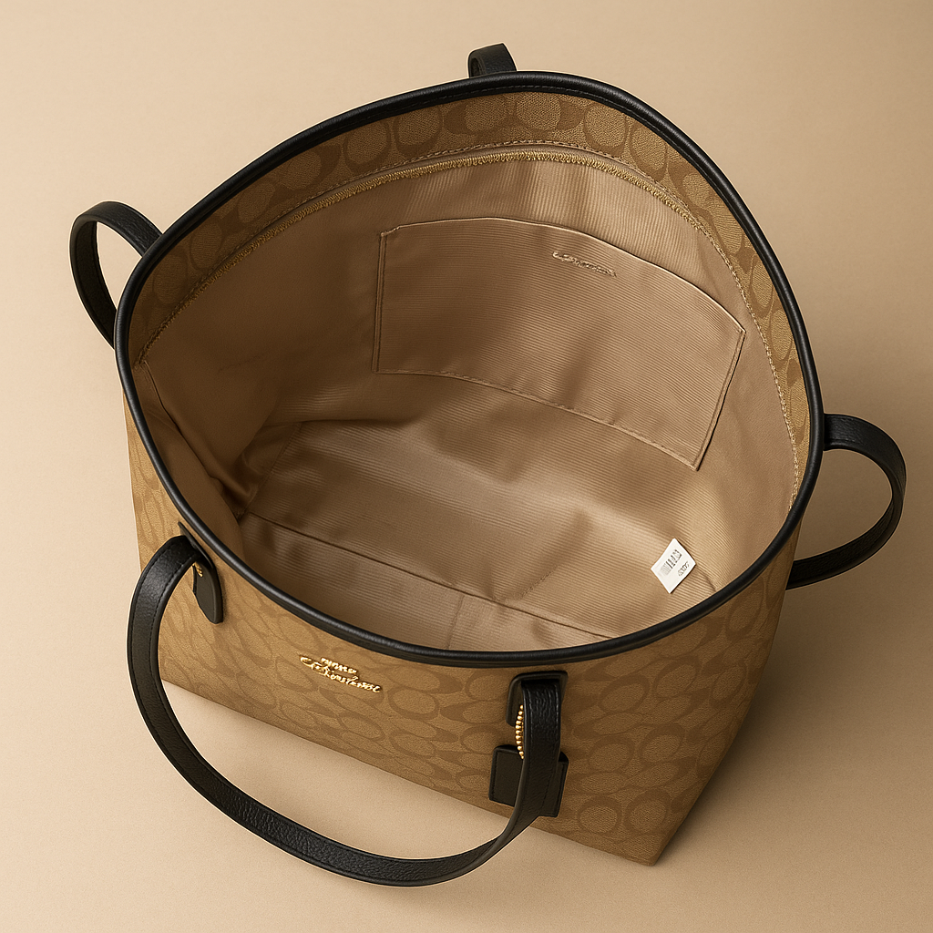 Brown leather bag with black handles on a beige background