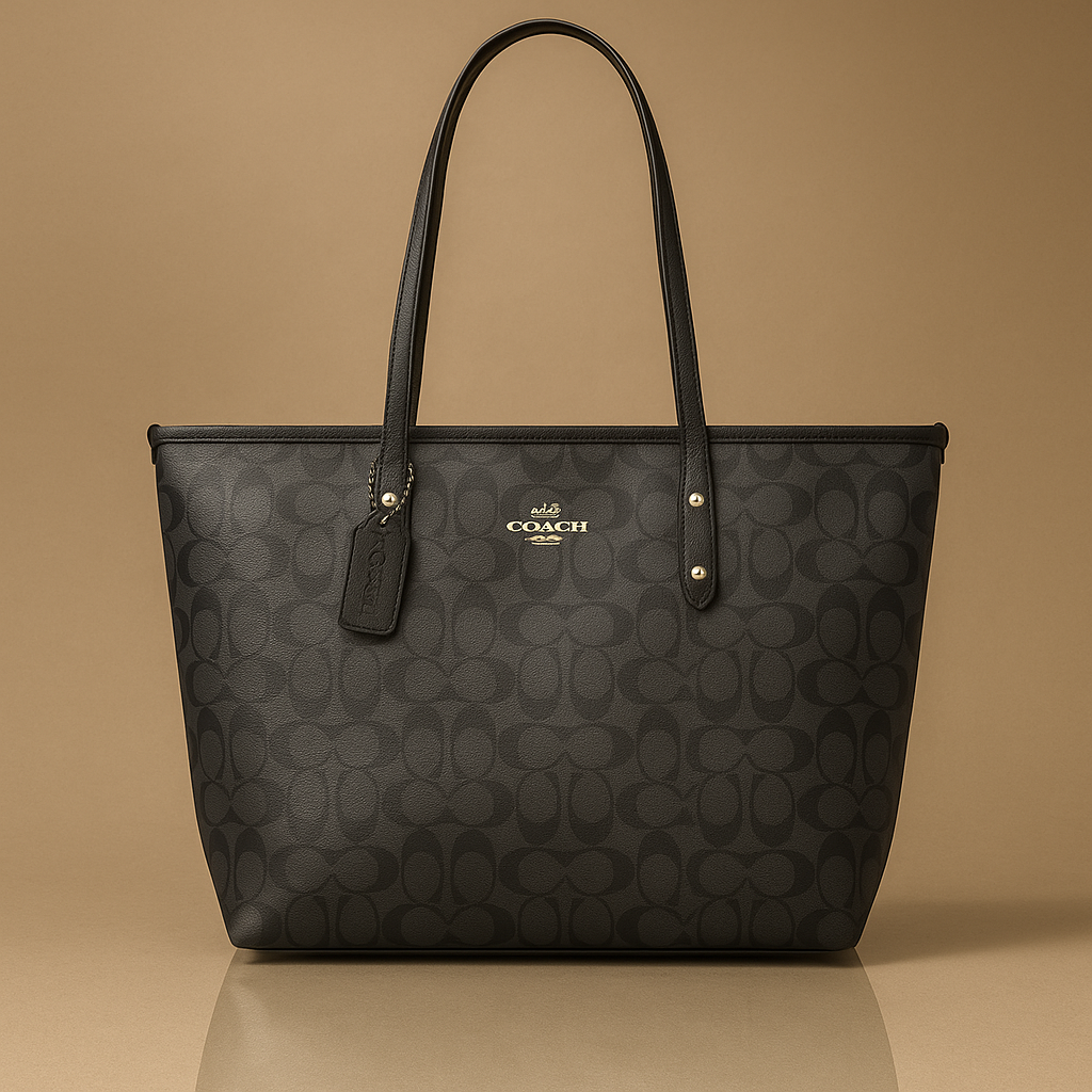 Black Coach handbag with a pattern on a beige background