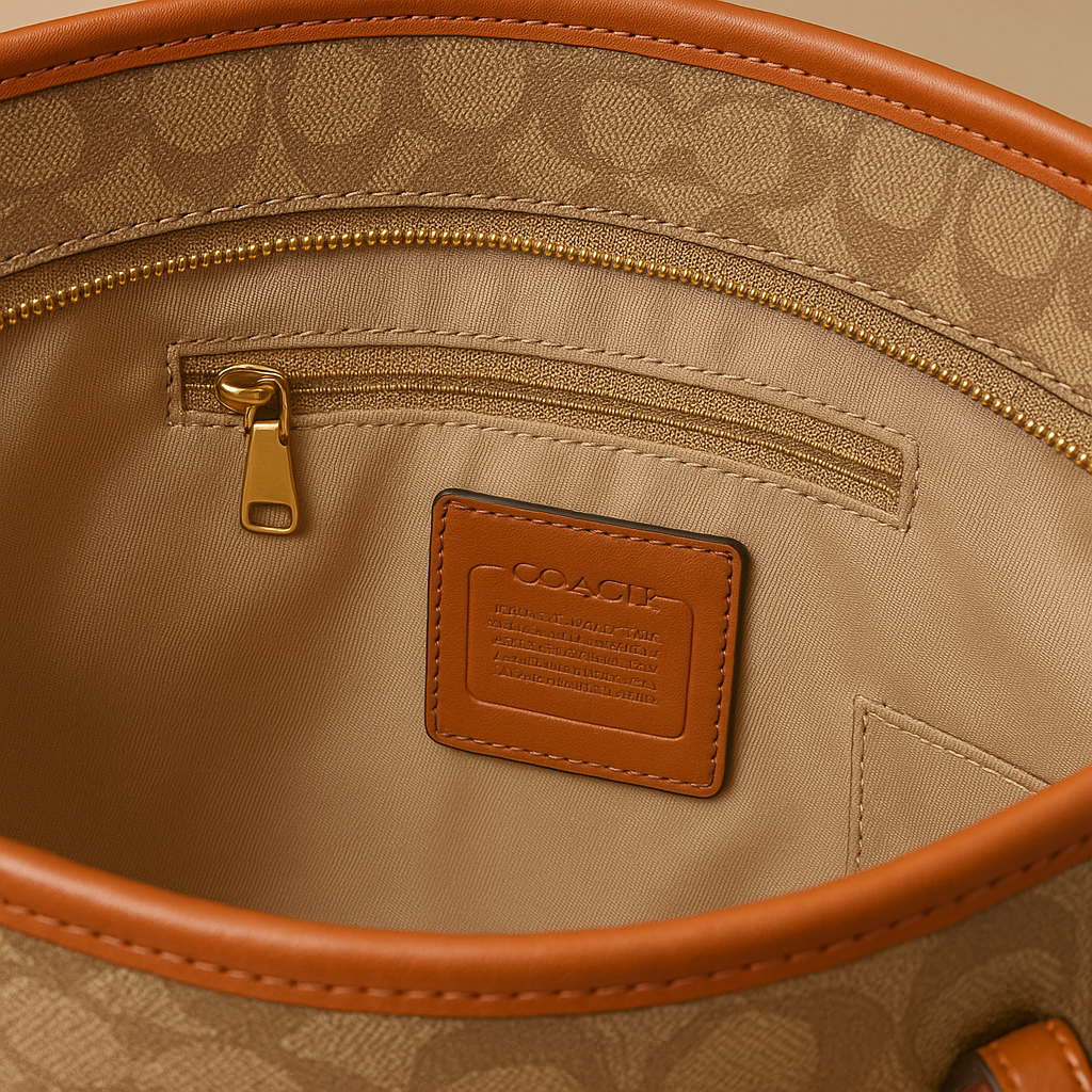 Close-up of a Coach handbag with visible logo and pattern.