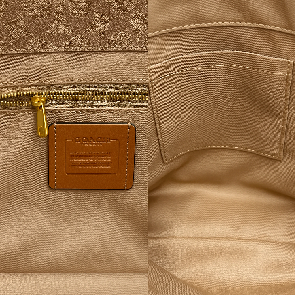 Close-up of a beige jacket with a zipper and leather patch, featuring the Coach logo.