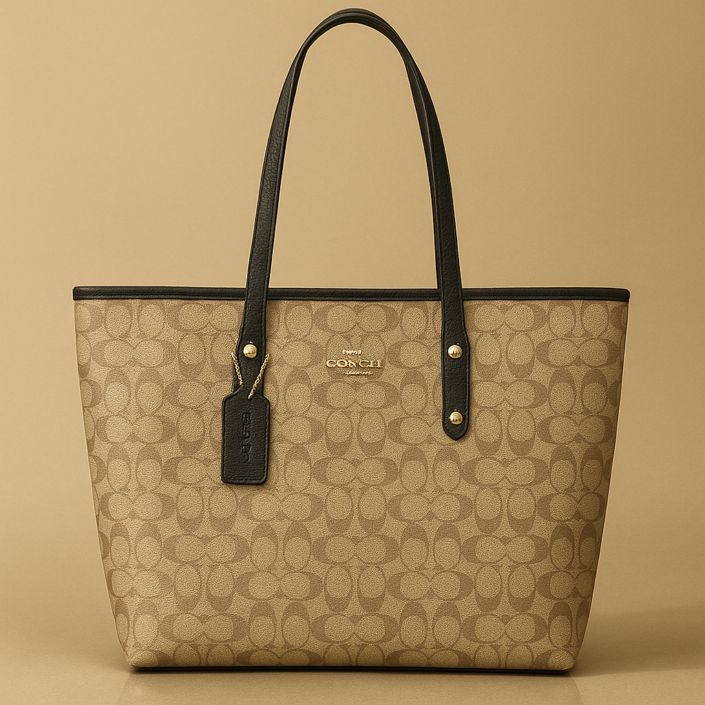 Beige handbag with black handle and trim on a beige background