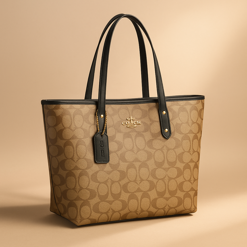 Beige handbag with black handles and trim on a beige background