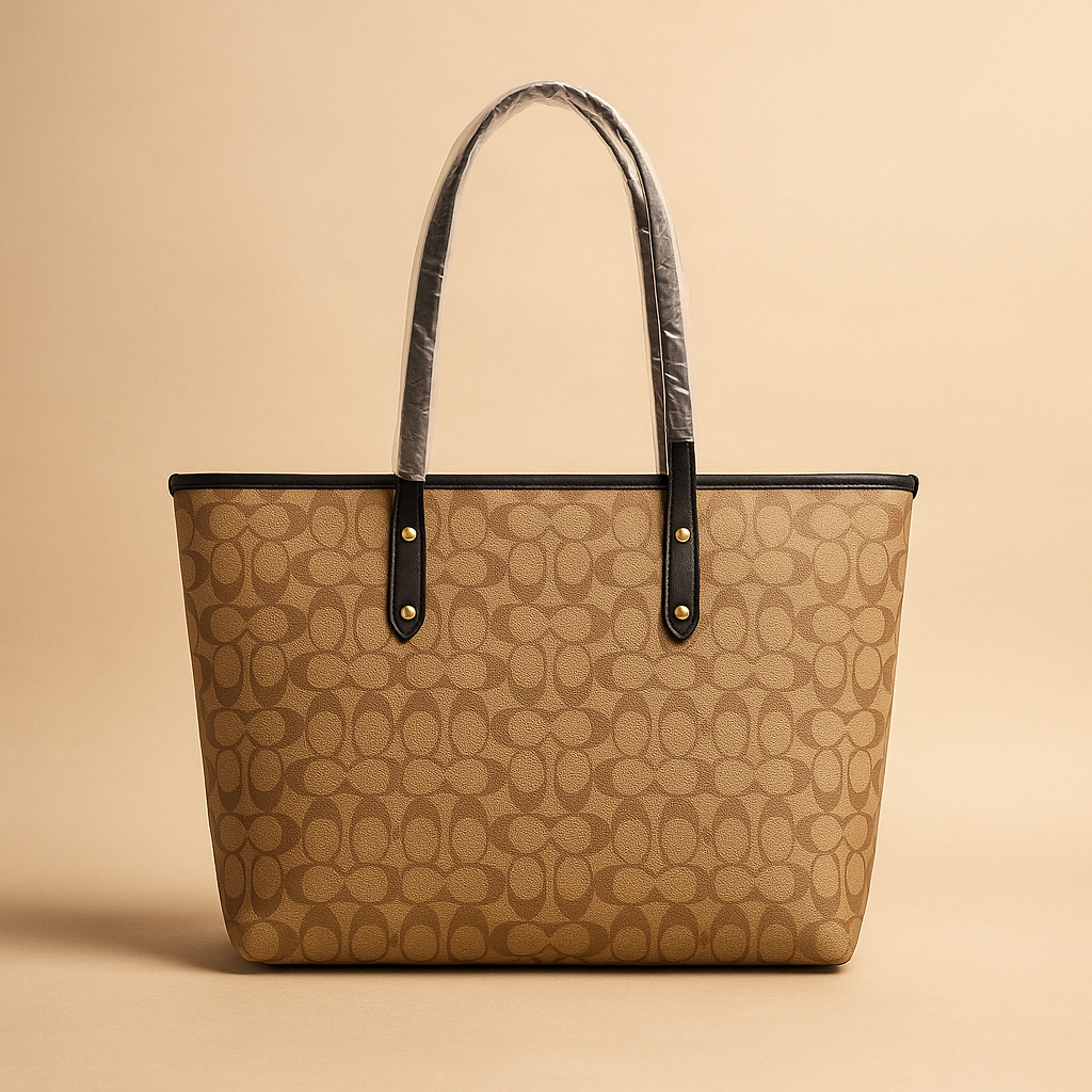 Beige tote bag with black handle on a beige background
