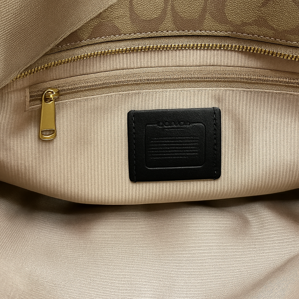 Close-up of a beige bag with a gold zipper and black label.