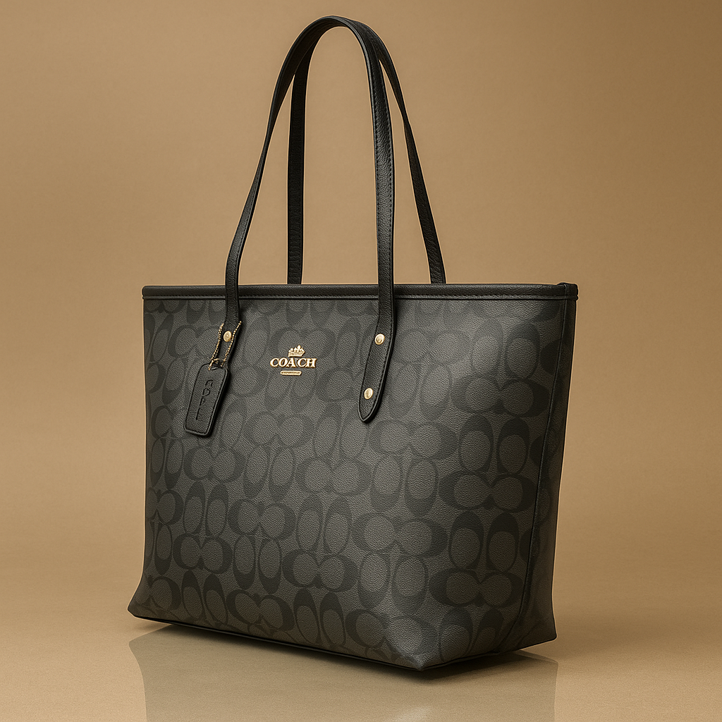 Black Coach tote bag on a beige background