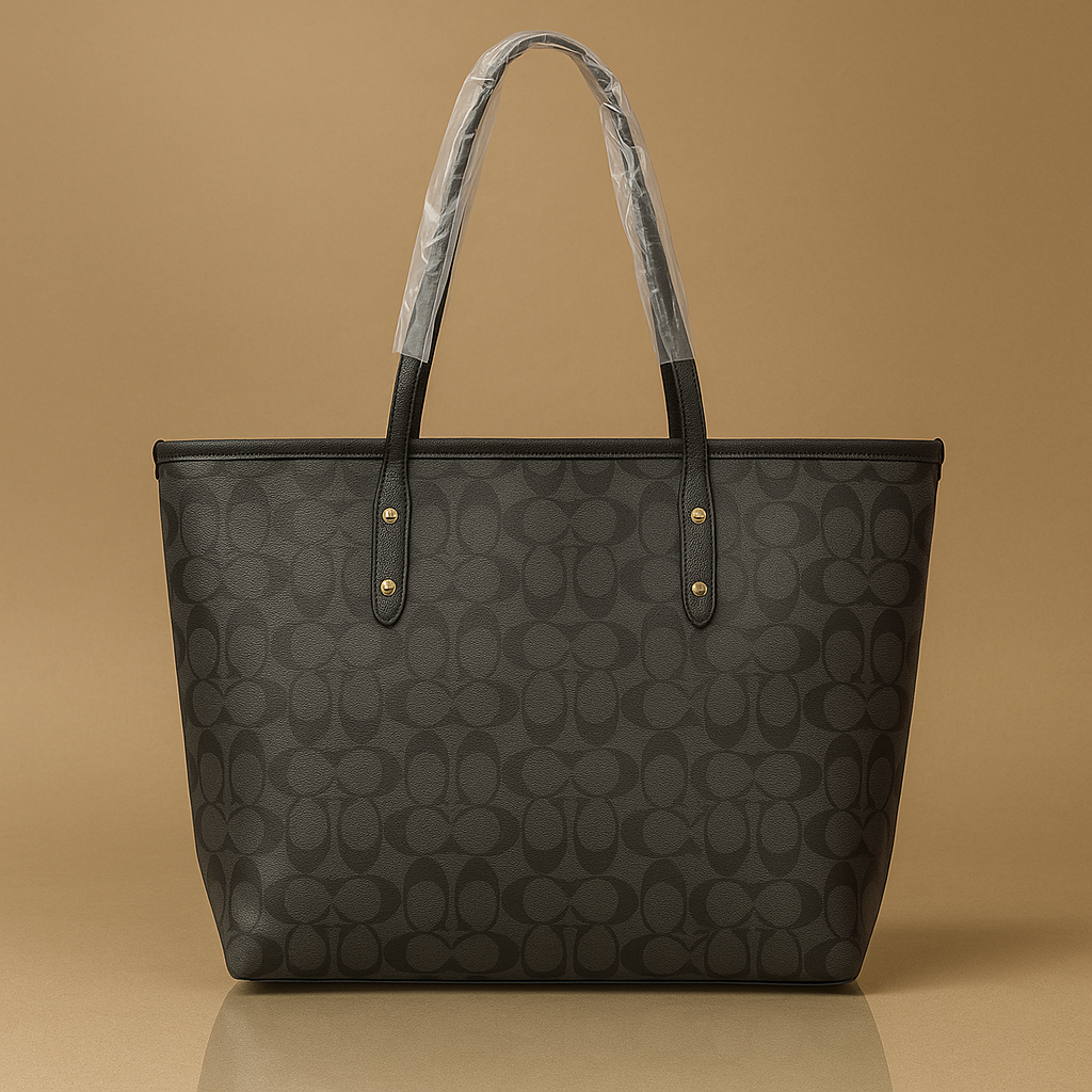 Black patterned tote bag on a beige background